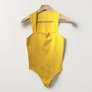OQQ Women's Bodysuit XL Yellow Ribbed Sleeveless Square Neck Shaper Summer Tank